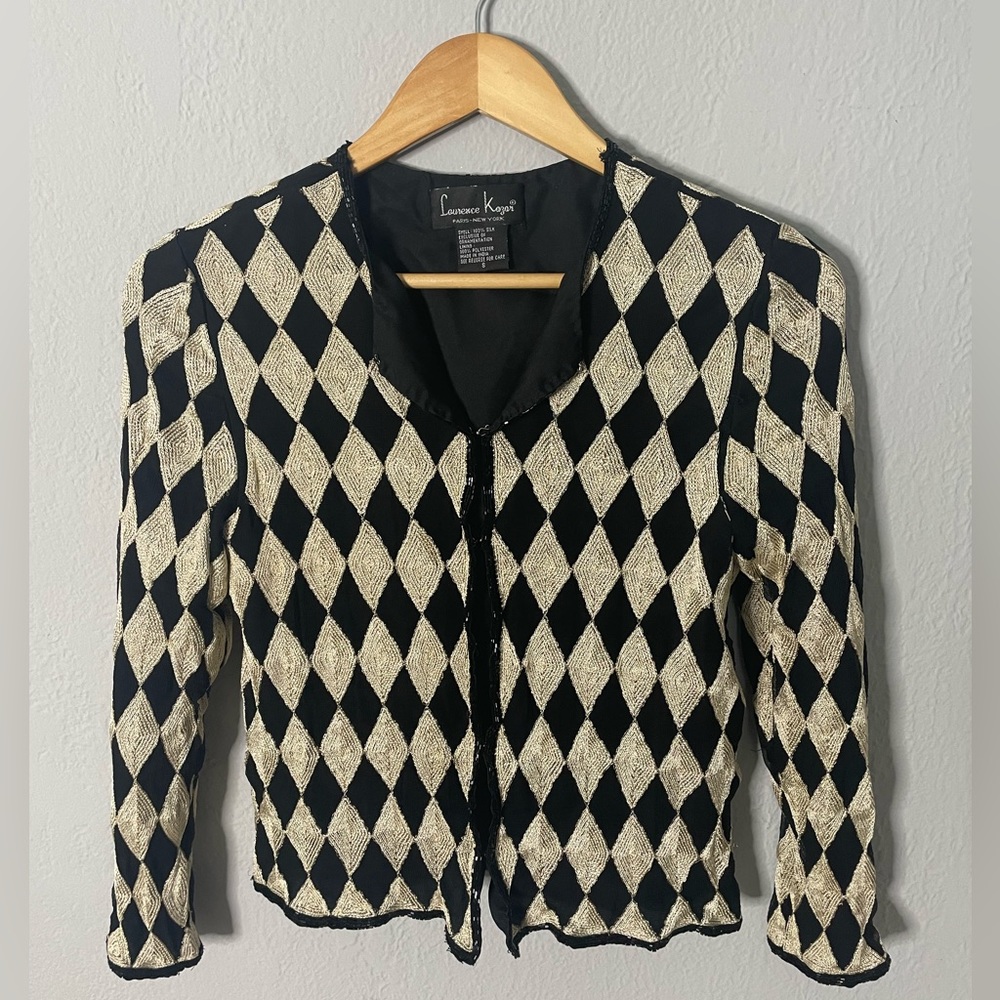 Laurence Kazar Silk & Gold Lame Diamond Design Jacket Long Sleeves Beaded Size S